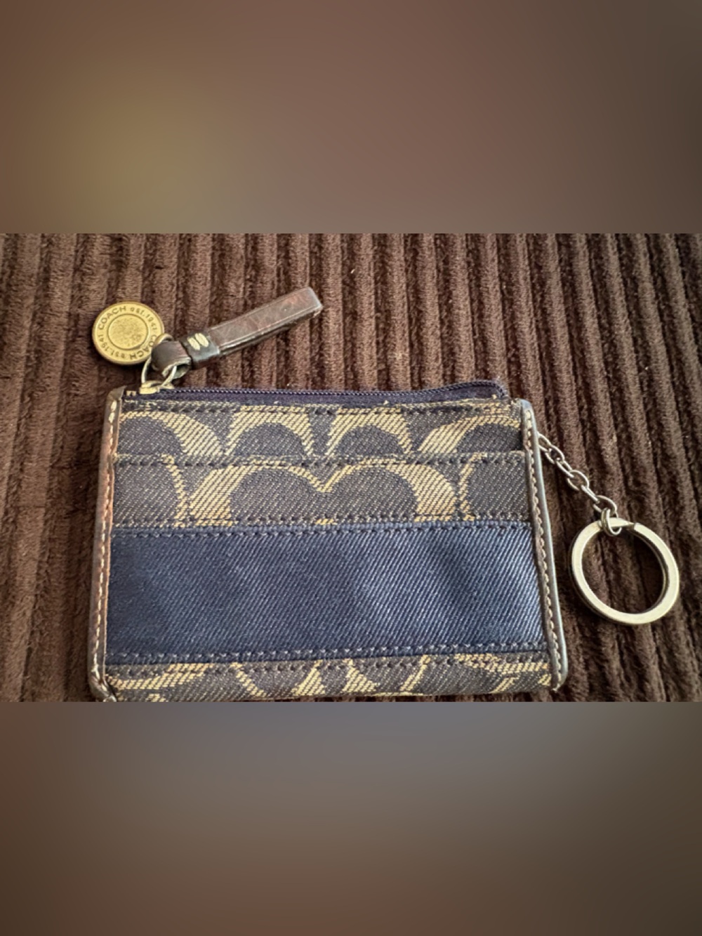 Coach Signature Canvas Keychain Coin Purse Navy & Tan - Picture 6 of 7
